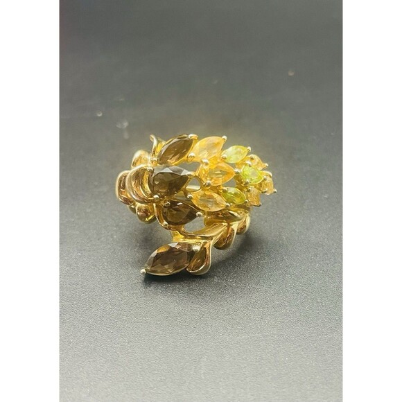 Vintage Vermeil 925 Smokey Topaz, Citrine, Peridot Climbing Vine Ring Sz 6